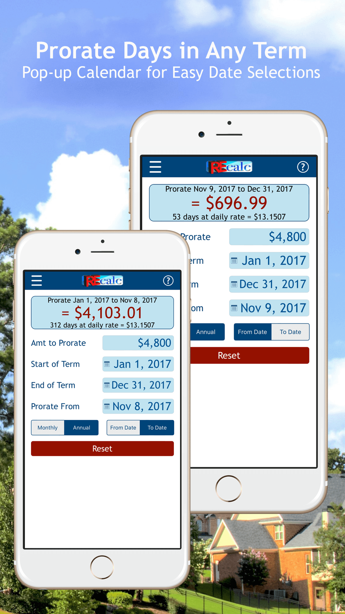 Prorate calculator with calendar picker